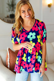 Sunny Days Navy Flat Floral Bubble Sleeve Babydoll Top | Daverri Fashions