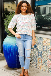 Spread Joy Ivory & Multicolor Jacquard Bubble Sleeve Sweater | Daverri Fashions