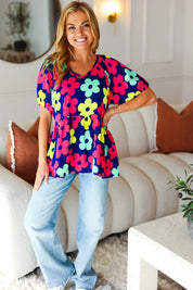 Sunny Days Navy Flat Floral Bubble Sleeve Babydoll Top | Daverri Fashions