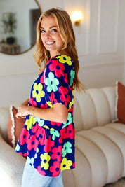 Sunny Days Navy Flat Floral Bubble Sleeve Babydoll Top | Daverri Fashions