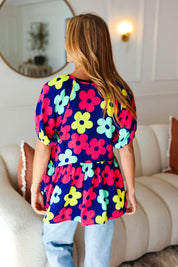 Sunny Days Navy Flat Floral Bubble Sleeve Babydoll Top | Daverri Fashions