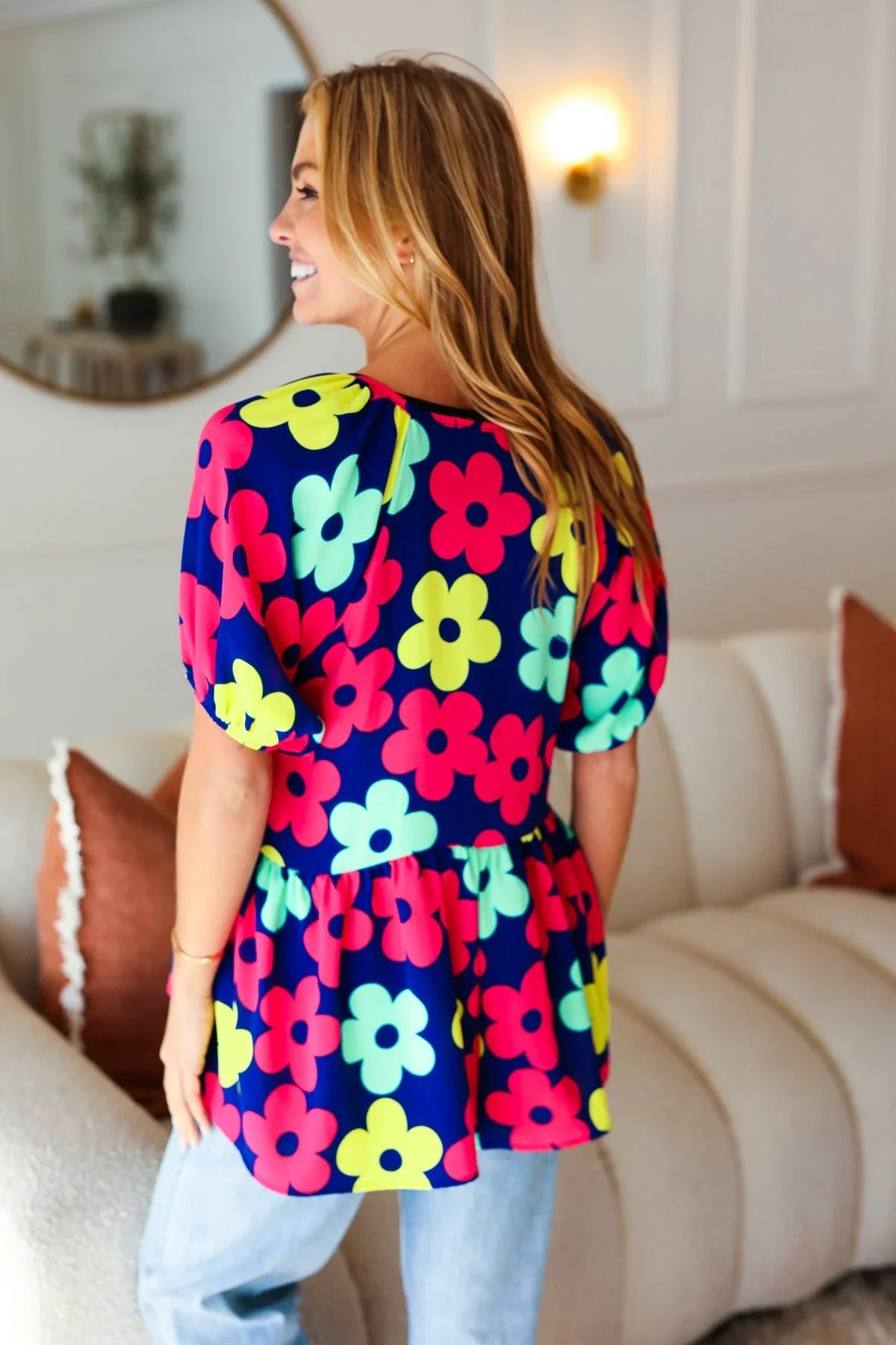 Sunny Days Navy Flat Floral Bubble Sleeve Babydoll Top | Daverri Fashions