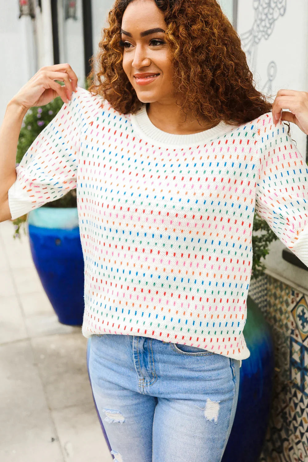 Spread Joy Ivory & Multicolor Jacquard Bubble Sleeve Sweater | Daverri Fashions