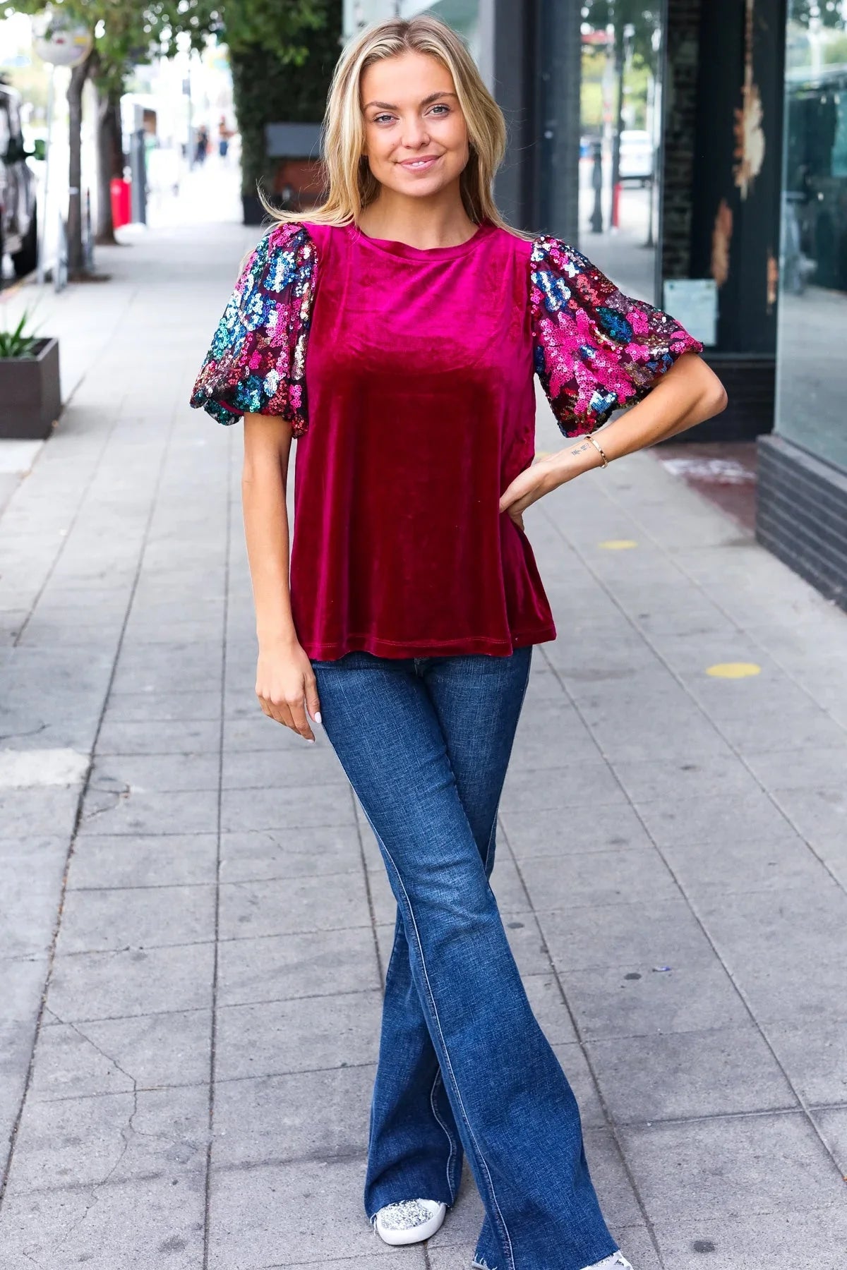 Diva Dreams Wine Floral Sequin Puff Sleeve Velvet Top | Daverri Fashions