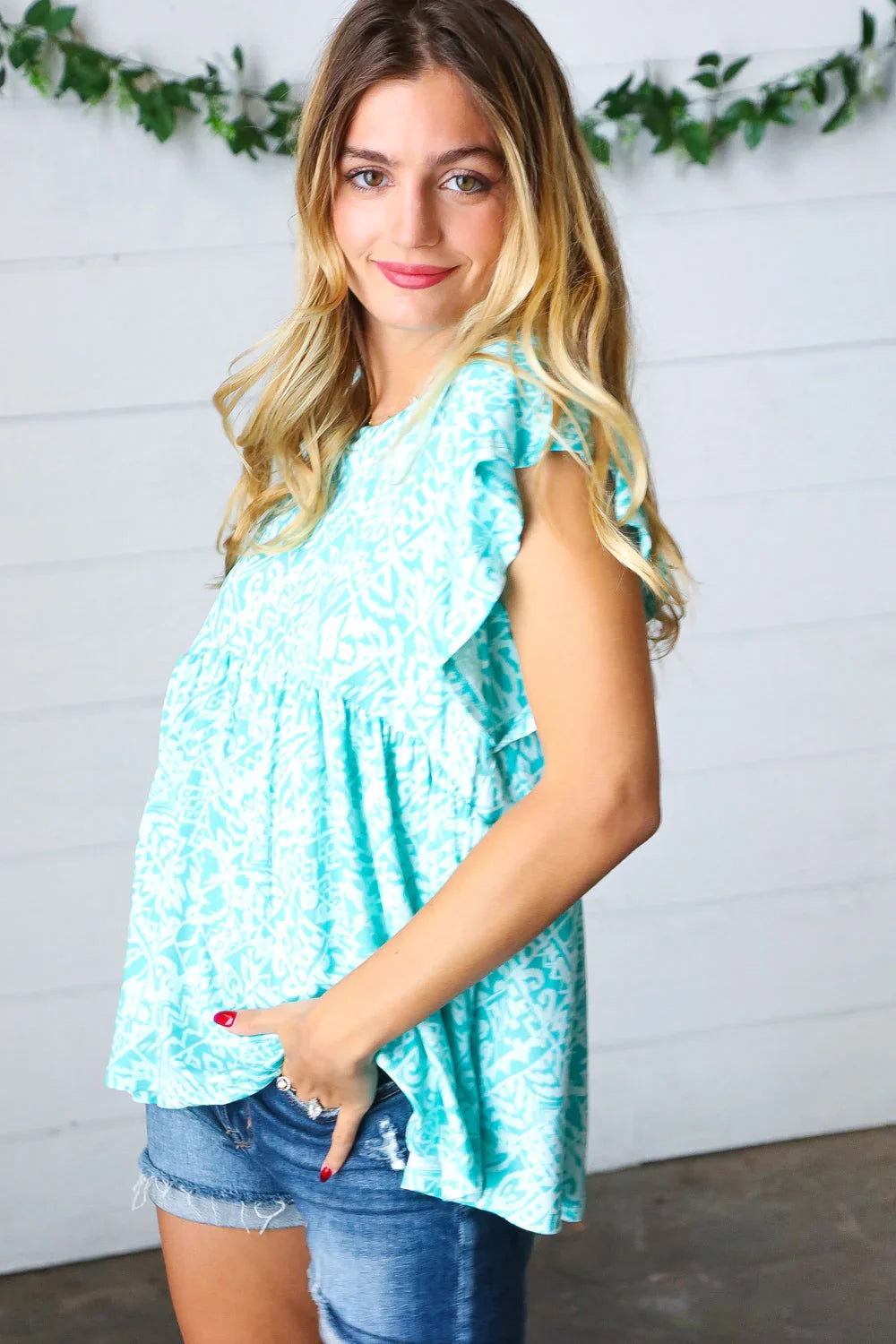 Aqua Boho Print Ruffle Short Sleeve Babydoll Top | Daverri Fashions