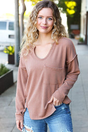 Eyes On You Camel Mineral Wash Rib Notch Neck Pocketed Top | Daverri Fashions