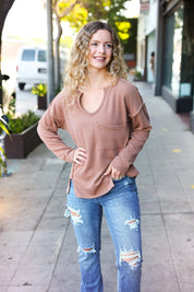 Eyes On You Camel Mineral Wash Rib Notch Neck Pocketed Top | Daverri Fashions