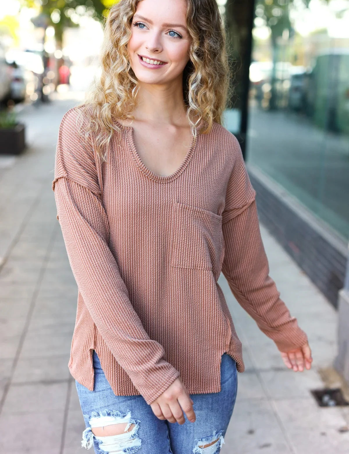 Eyes On You Camel Mineral Wash Rib Notch Neck Pocketed Top | Daverri Fashions