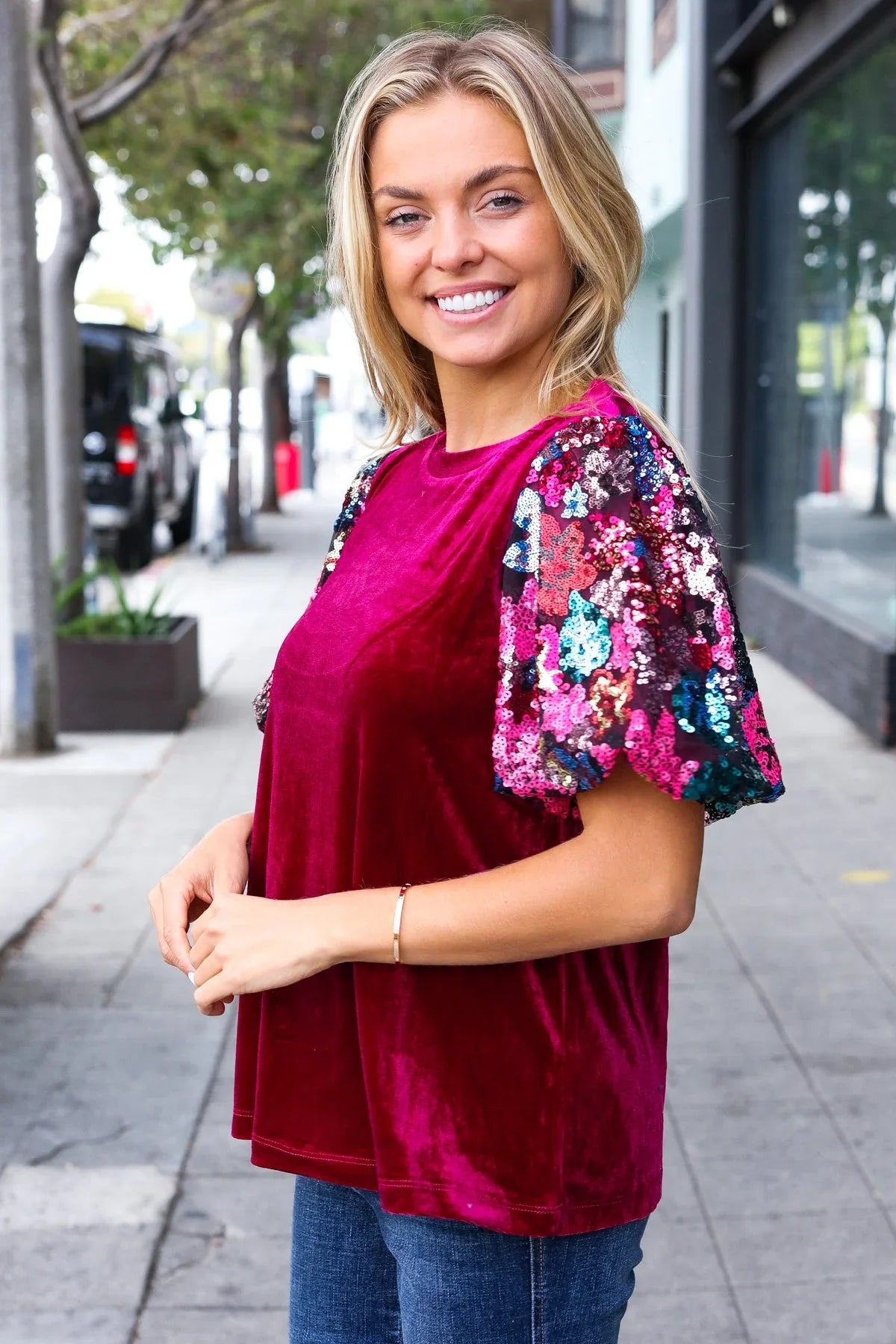 Diva Dreams Wine Floral Sequin Puff Sleeve Velvet Top | Daverri Fashions