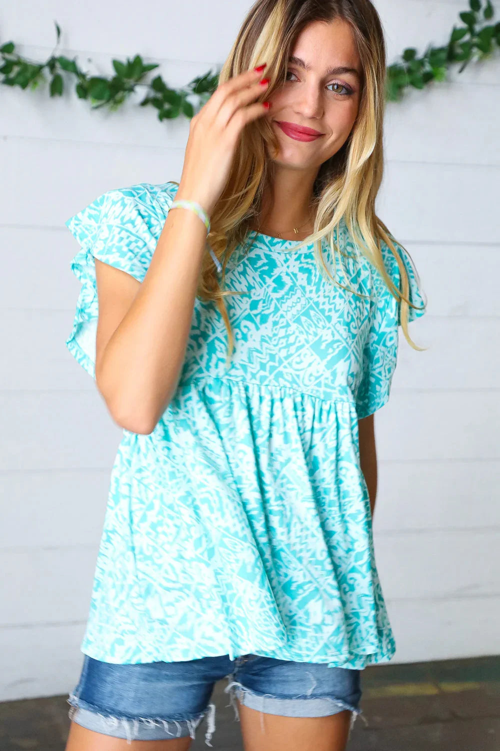 Aqua Boho Print Ruffle Short Sleeve Babydoll Top | Daverri Fashions