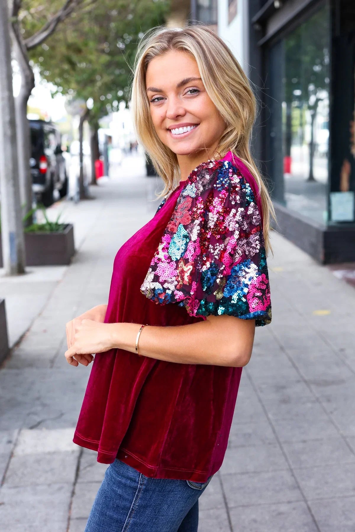Diva Dreams Wine Floral Sequin Puff Sleeve Velvet Top | Daverri Fashions