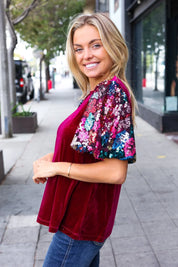 Diva Dreams Wine Floral Sequin Puff Sleeve Velvet Top | Daverri Fashions