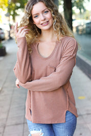 Eyes On You Camel Mineral Wash Rib Notch Neck Pocketed Top | Daverri Fashions