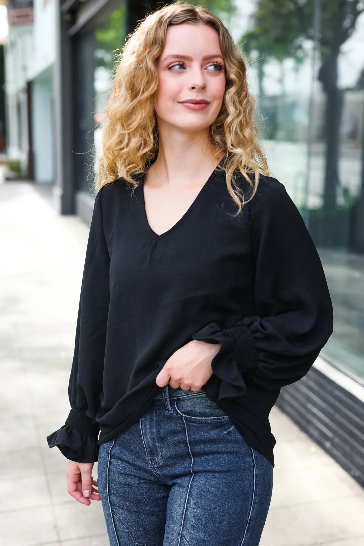 Hello Beautiful Black Smocked Bubble Sleeve Woven Top | Daverri Fashions