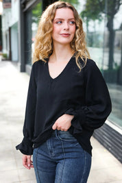 Hello Beautiful Black Smocked Bubble Sleeve Woven Top | Daverri Fashions