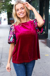 Diva Dreams Wine Floral Sequin Puff Sleeve Velvet Top | Daverri Fashions