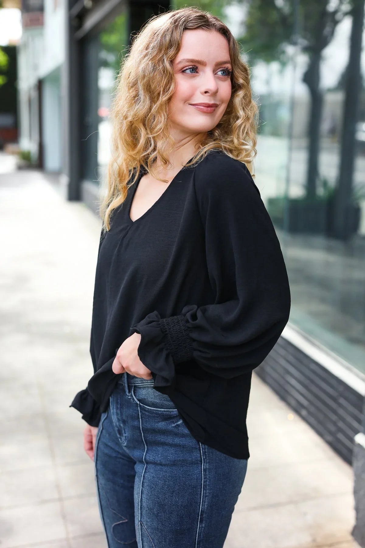 Hello Beautiful Black Smocked Bubble Sleeve Woven Top | Daverri Fashions