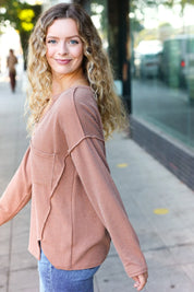 Eyes On You Camel Mineral Wash Rib Notch Neck Pocketed Top | Daverri Fashions