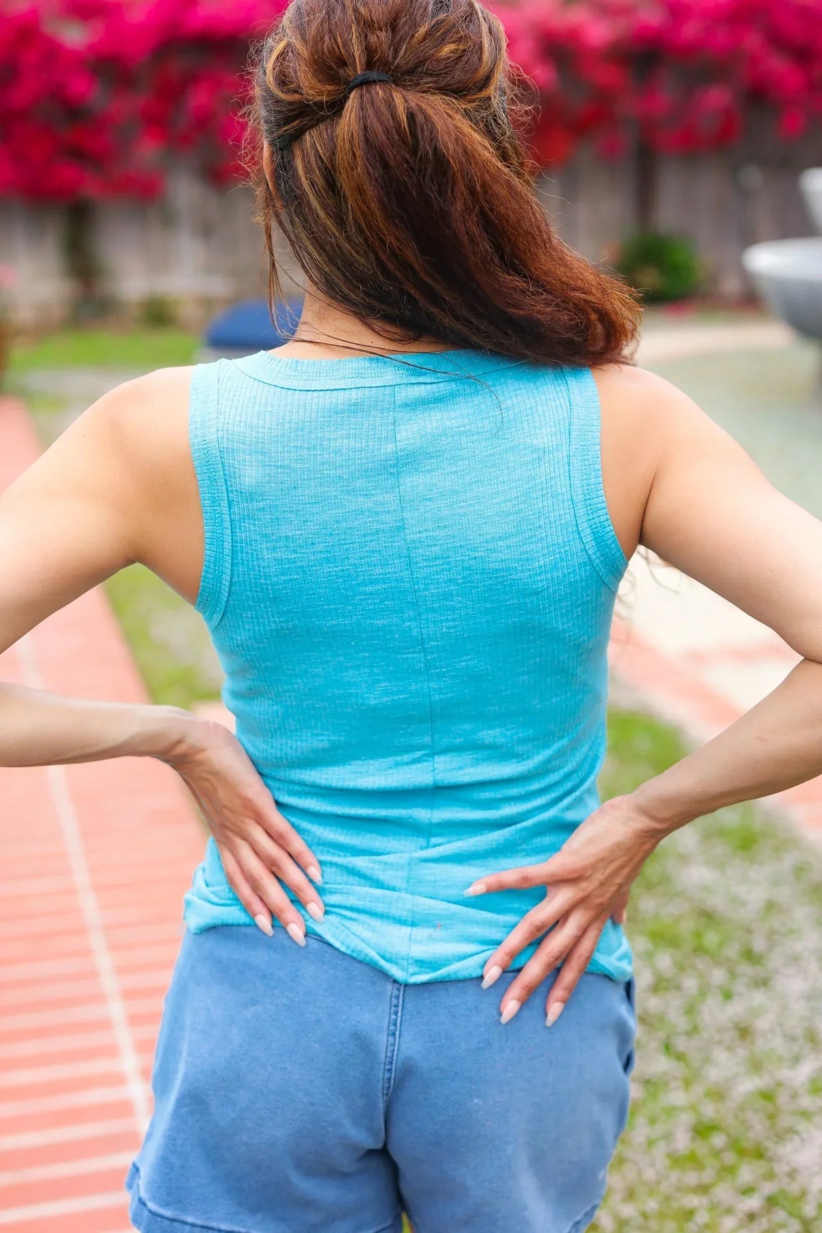 Summer Days Ice Blue Melange Ribbed Henley Button Down Tank | 2024 Blow-Out Sale Daverri Fashions