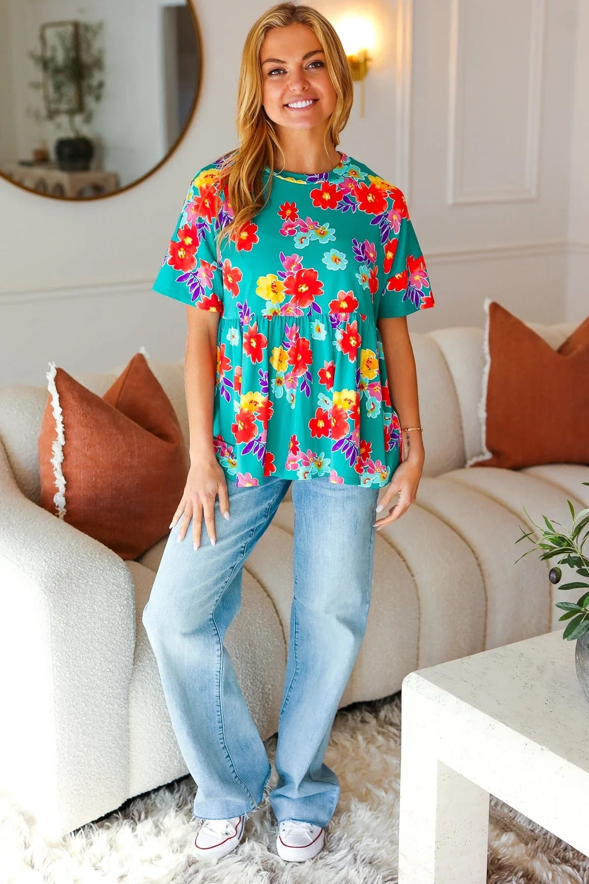 Take Me Away Teal Floral Drop Shoulder Babydoll Top | 07-01-25 Summer Sale Daverri Fashions