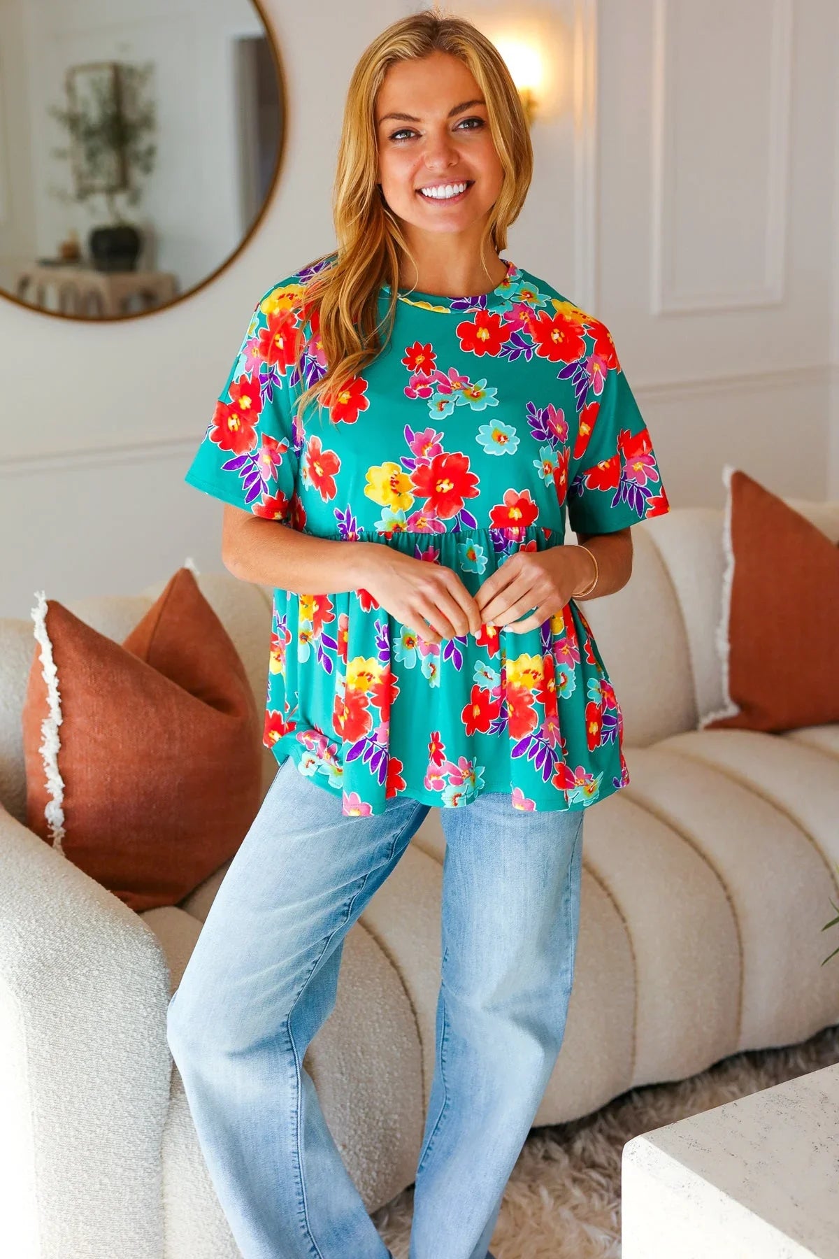 Take Me Away Teal Floral Drop Shoulder Babydoll Top | 07-01-25 Summer Sale Daverri Fashions