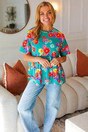 Take Me Away Teal Floral Drop Shoulder Babydoll Top | 07-01-25 Summer Sale Daverri Fashions