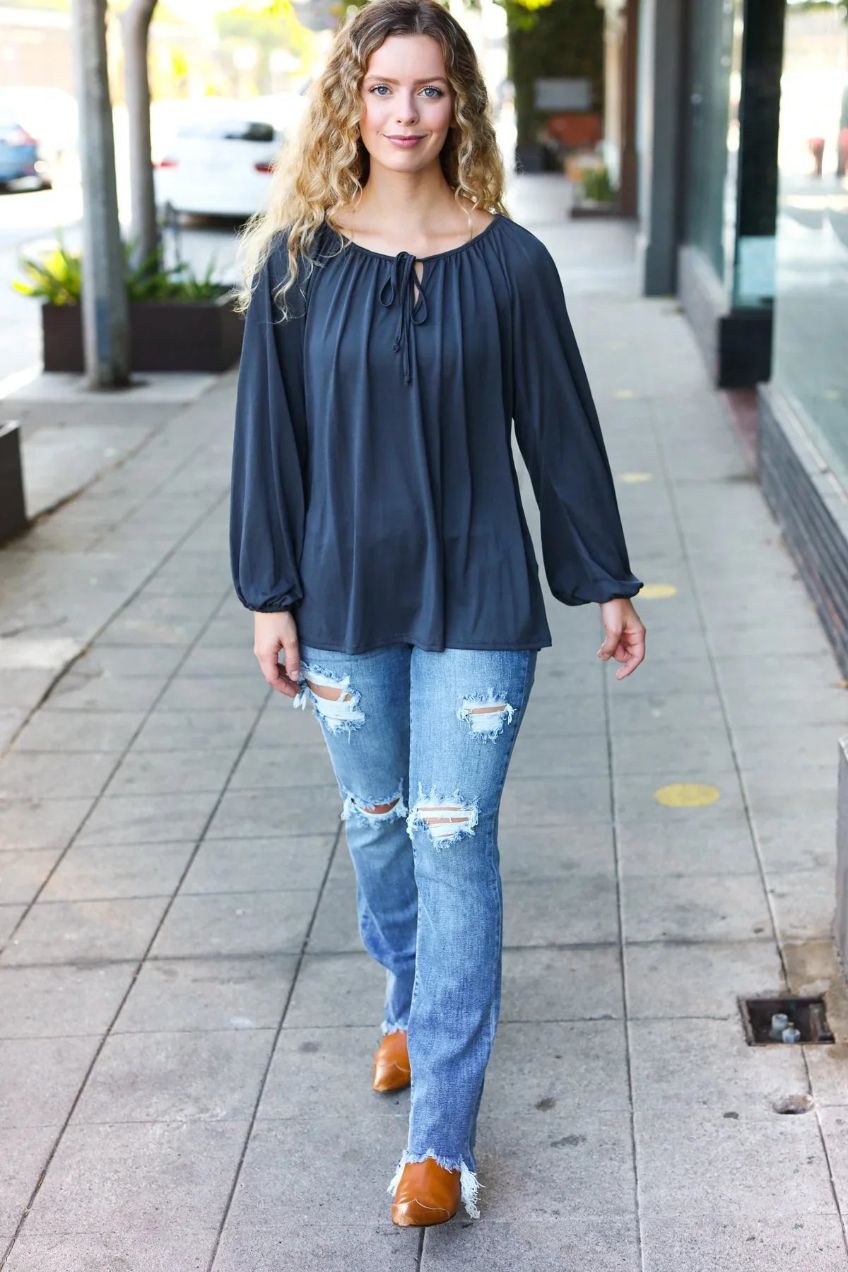 Versatile Charcoal Front Tie Modal Knit Peasant Top | Daverri Fashions