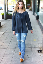 Versatile Charcoal Front Tie Modal Knit Peasant Top | Daverri Fashions