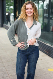 Start Your Day Olive Half & Half Collared Notched Neck Top | 2024 Blow-Out Sale Daverri Fashions