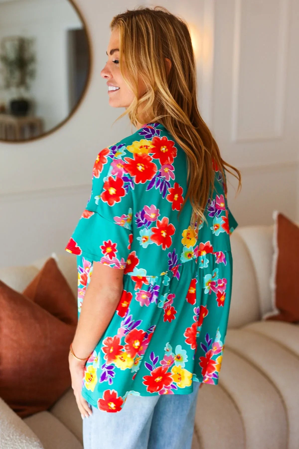 Take Me Away Teal Floral Drop Shoulder Babydoll Top | 07-01-25 Summer Sale Daverri Fashions
