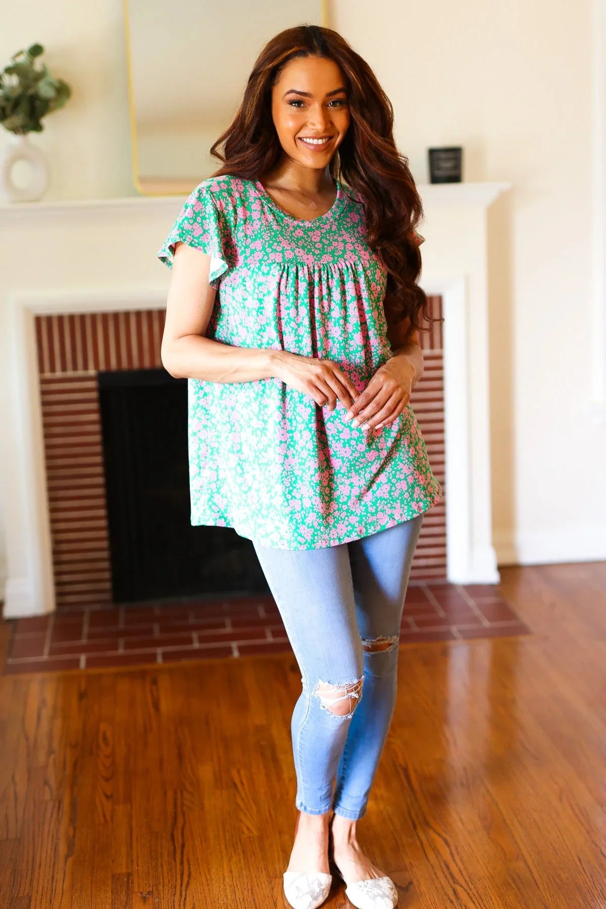 Dreamy Green & Pink Floral Yoke Ruffle Short Sleeve Top | Daverri Fashions