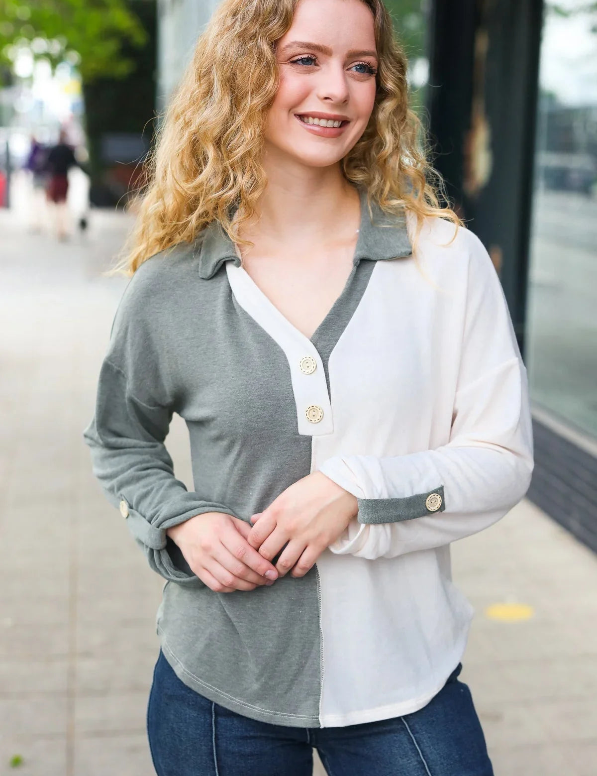 Start Your Day Olive Half & Half Collared Notched Neck Top | 2024 Blow-Out Sale Daverri Fashions