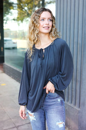 Versatile Charcoal Front Tie Modal Knit Peasant Top | Daverri Fashions