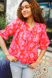 New Day Red Ribbon Bow Detail Floral Woven Blouse | Daverri Fashions