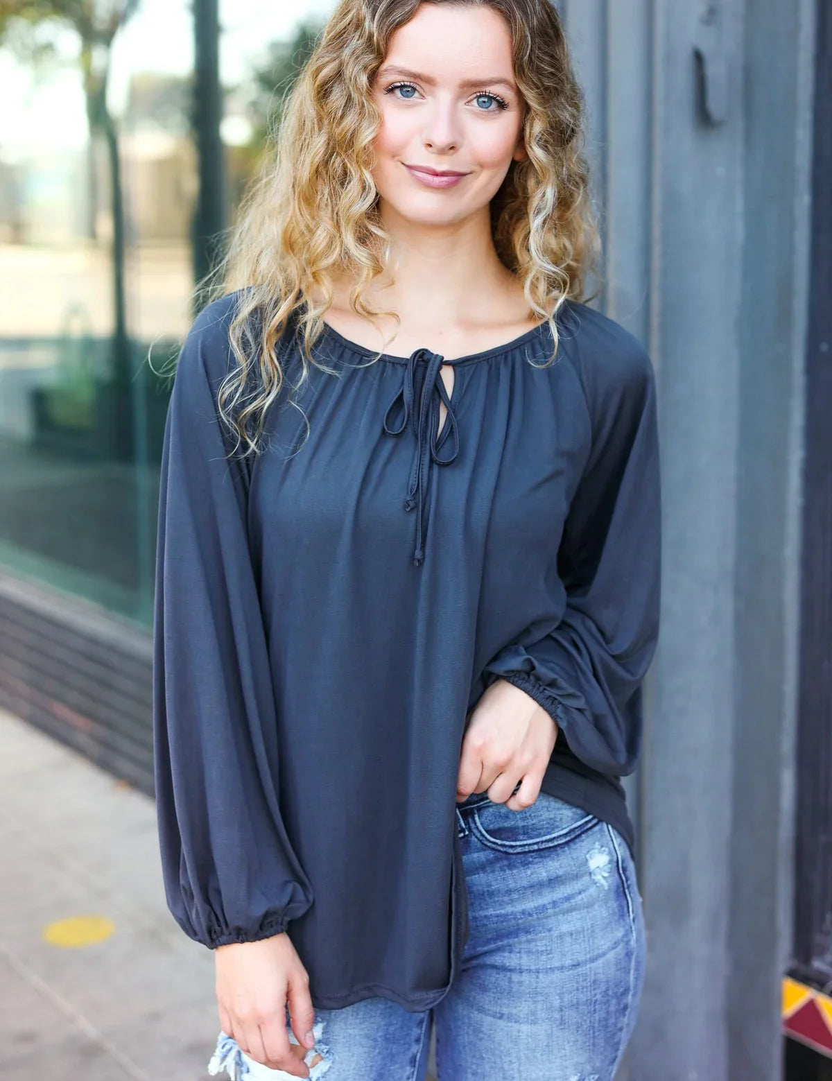 Versatile Charcoal Front Tie Modal Knit Peasant Top | Daverri Fashions