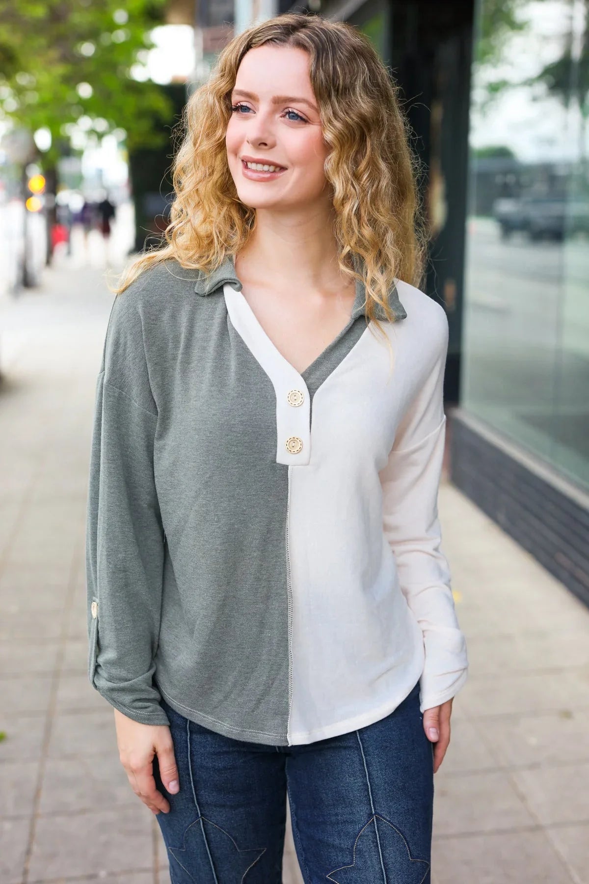 Start Your Day Olive Half & Half Collared Notched Neck Top | 2024 Blow-Out Sale Daverri Fashions