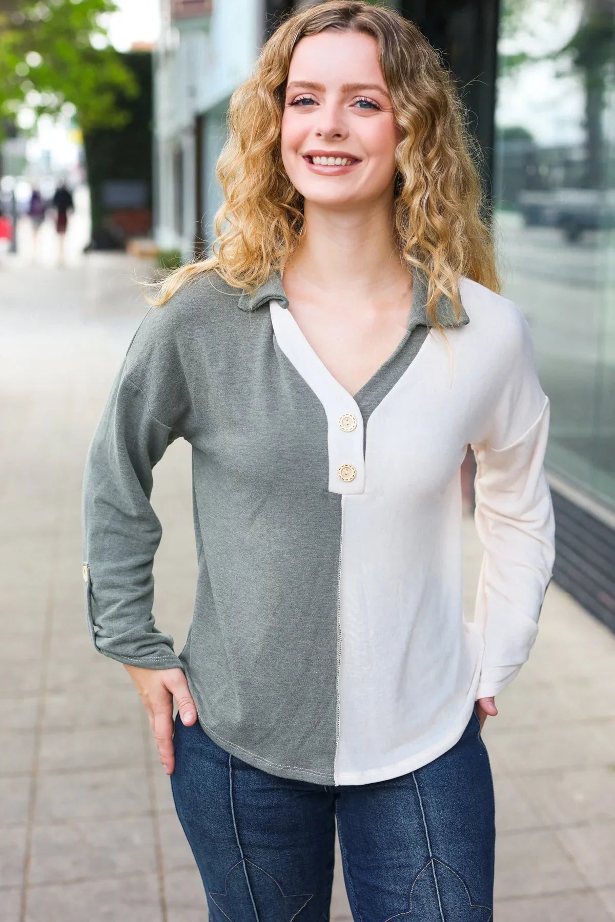 Start Your Day Olive Half & Half Collared Notched Neck Top | 2024 Blow-Out Sale Daverri Fashions
