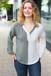 Start Your Day Olive Half & Half Collared Notched Neck Top | 2024 Blow-Out Sale Daverri Fashions