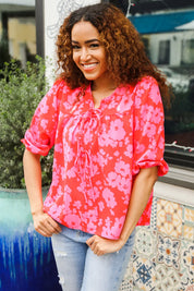 New Day Red Ribbon Bow Detail Floral Woven Blouse | Daverri Fashions