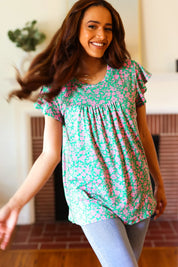 Dreamy Green & Pink Floral Yoke Ruffle Short Sleeve Top | Daverri Fashions