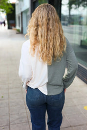 Start Your Day Olive Half & Half Collared Notched Neck Top | 2024 Blow-Out Sale Daverri Fashions