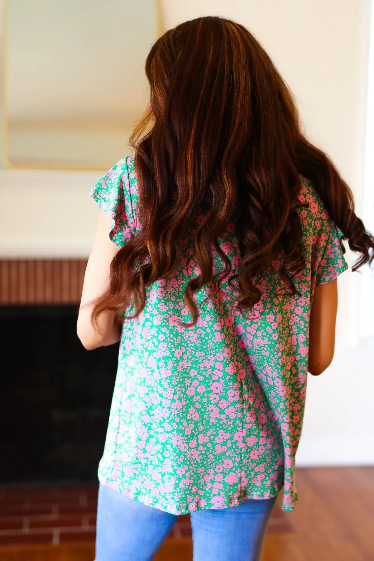 Dreamy Green & Pink Floral Yoke Ruffle Short Sleeve Top | Daverri Fashions