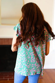 Dreamy Green & Pink Floral Yoke Ruffle Short Sleeve Top | Daverri Fashions
