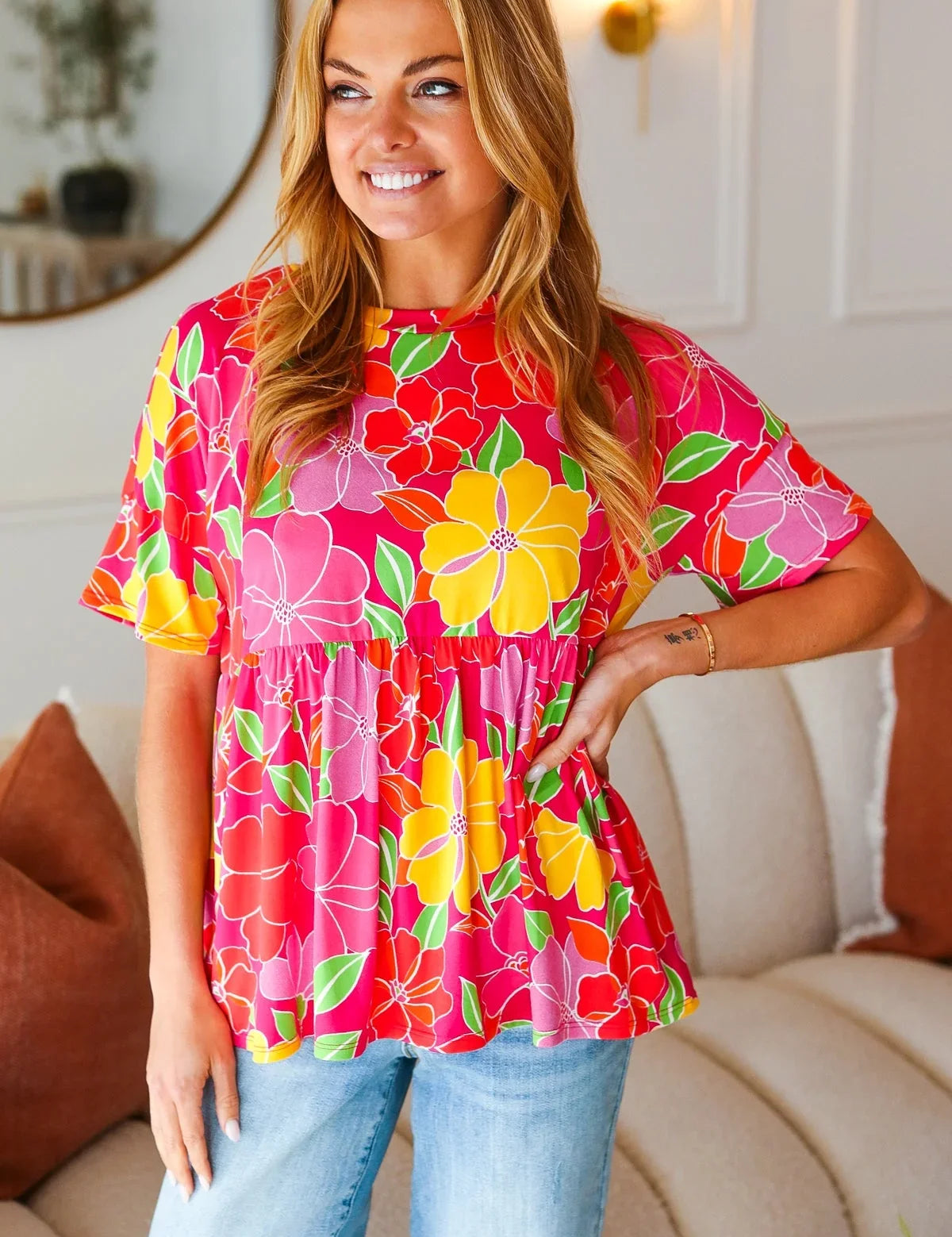 Time For Sun Fuchsia Floral Drop Shoulder Babydoll Top | Daverri Fashions