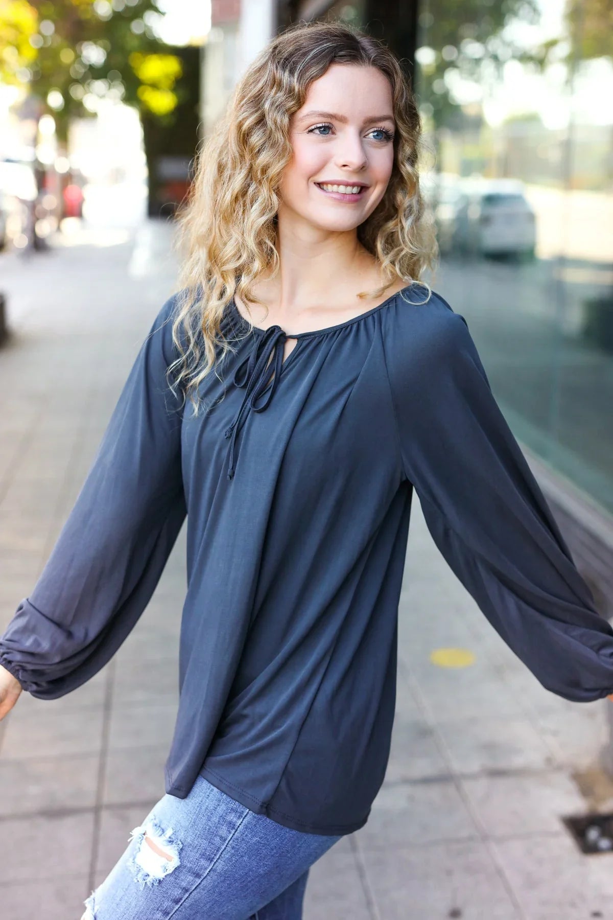 Versatile Charcoal Front Tie Modal Knit Peasant Top | Daverri Fashions