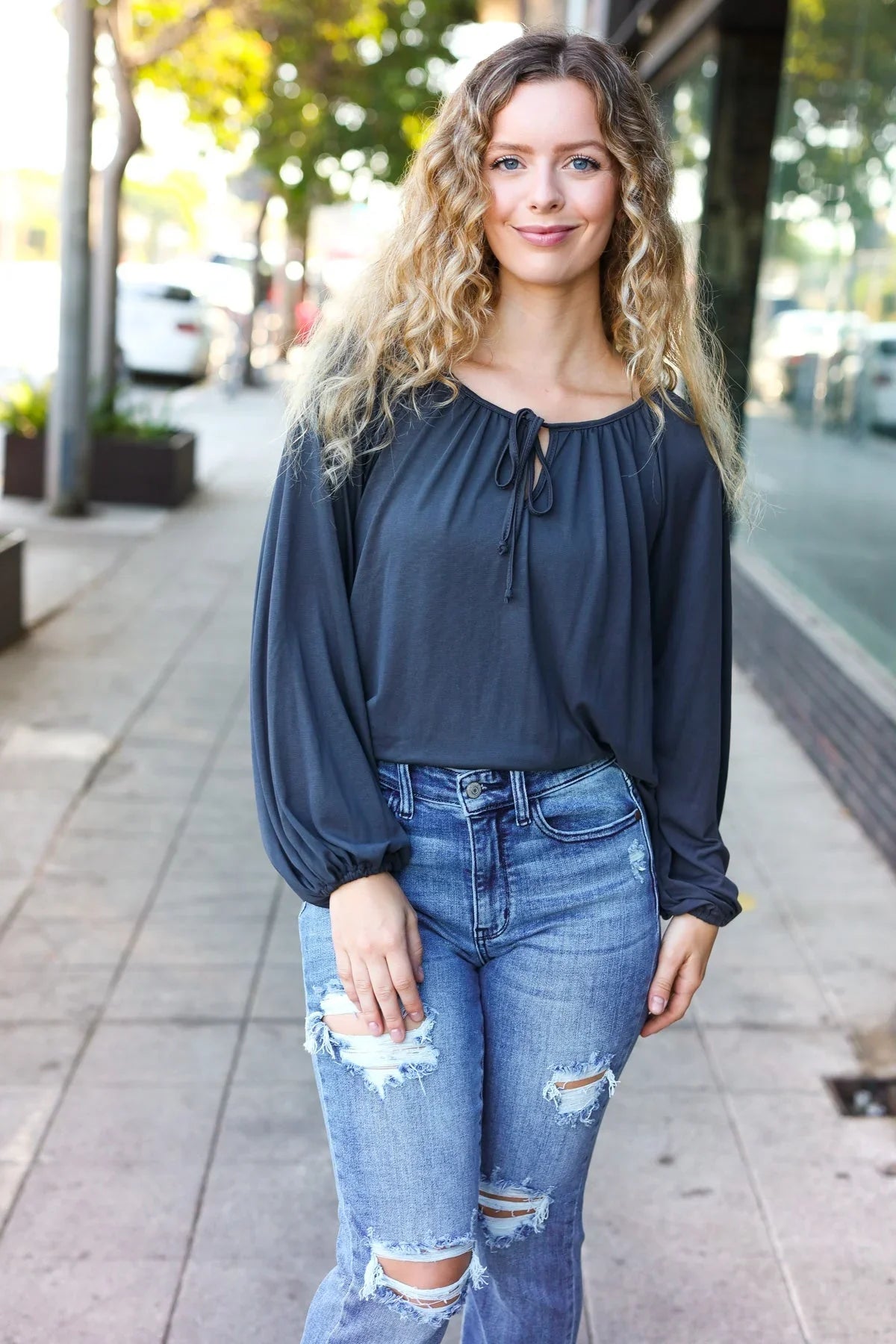 Versatile Charcoal Front Tie Modal Knit Peasant Top | Daverri Fashions