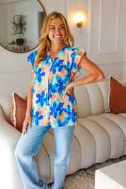 Tropical Breeze Turquoise Floral Banded V Neck Flutter Sleeve Top | Daverri Fashions