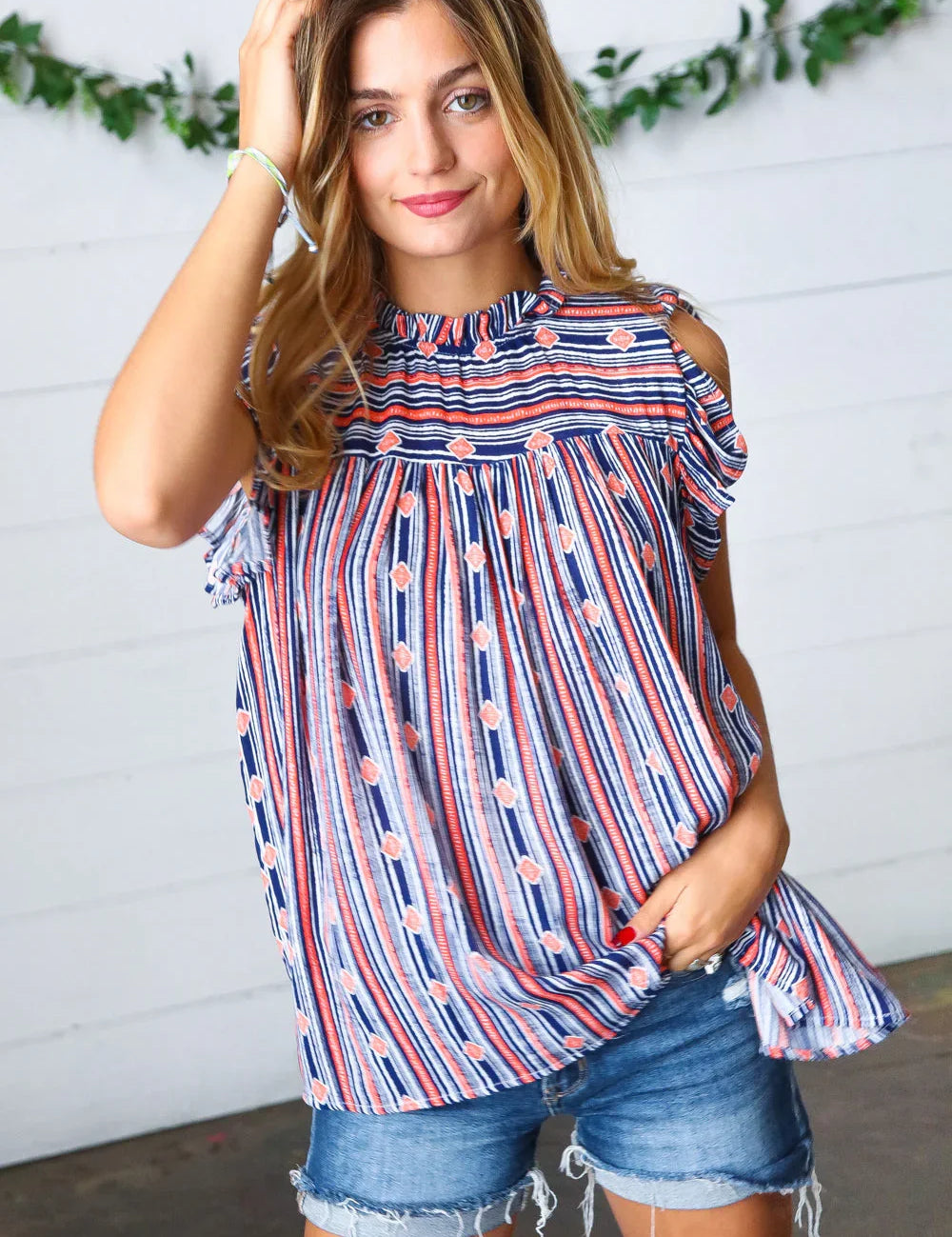 Navy & Orange Boho Stripe Flutter Sleeve Top | Daverri Fashions