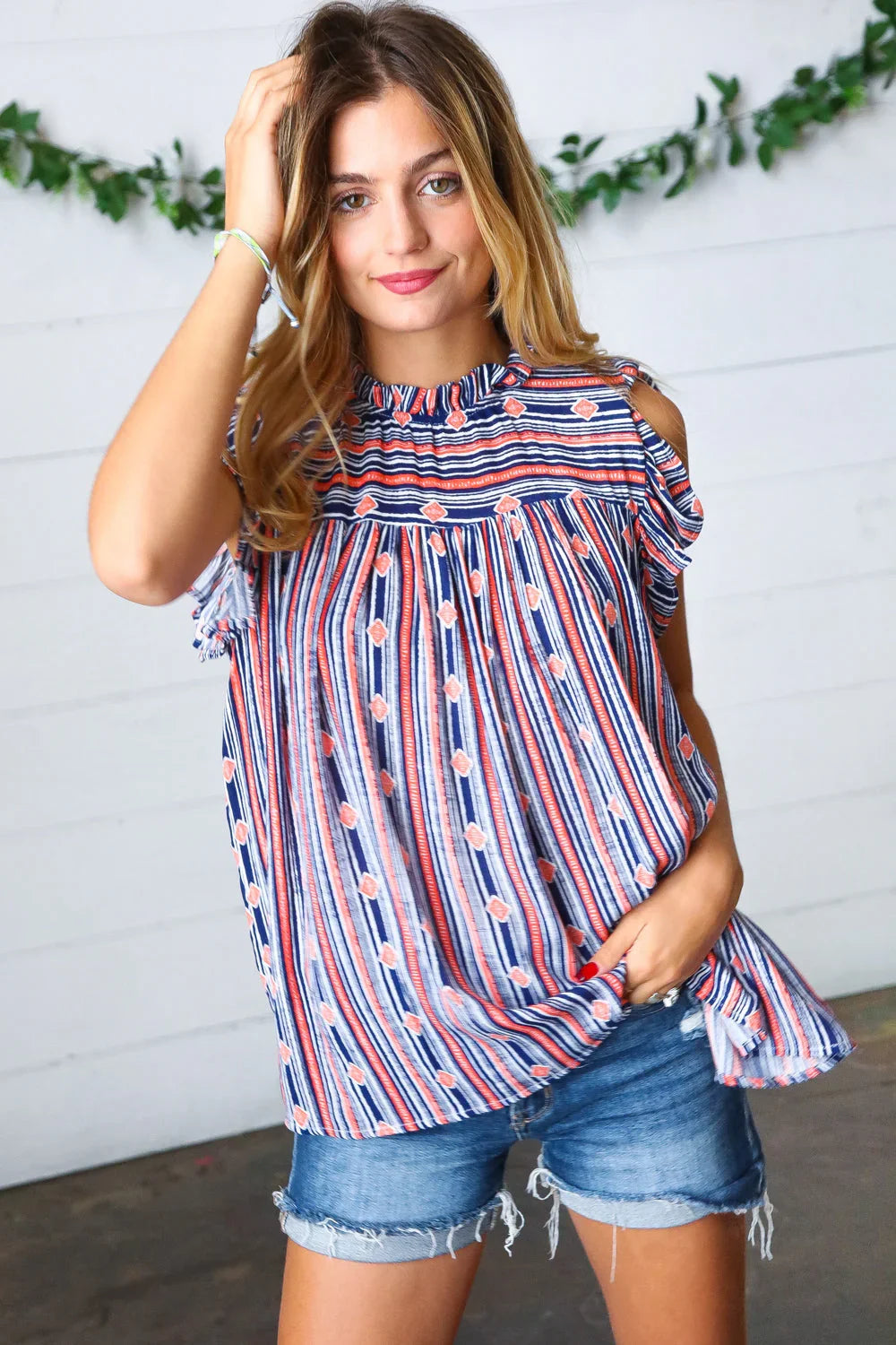 Navy & Orange Boho Stripe Flutter Sleeve Top | Daverri Fashions