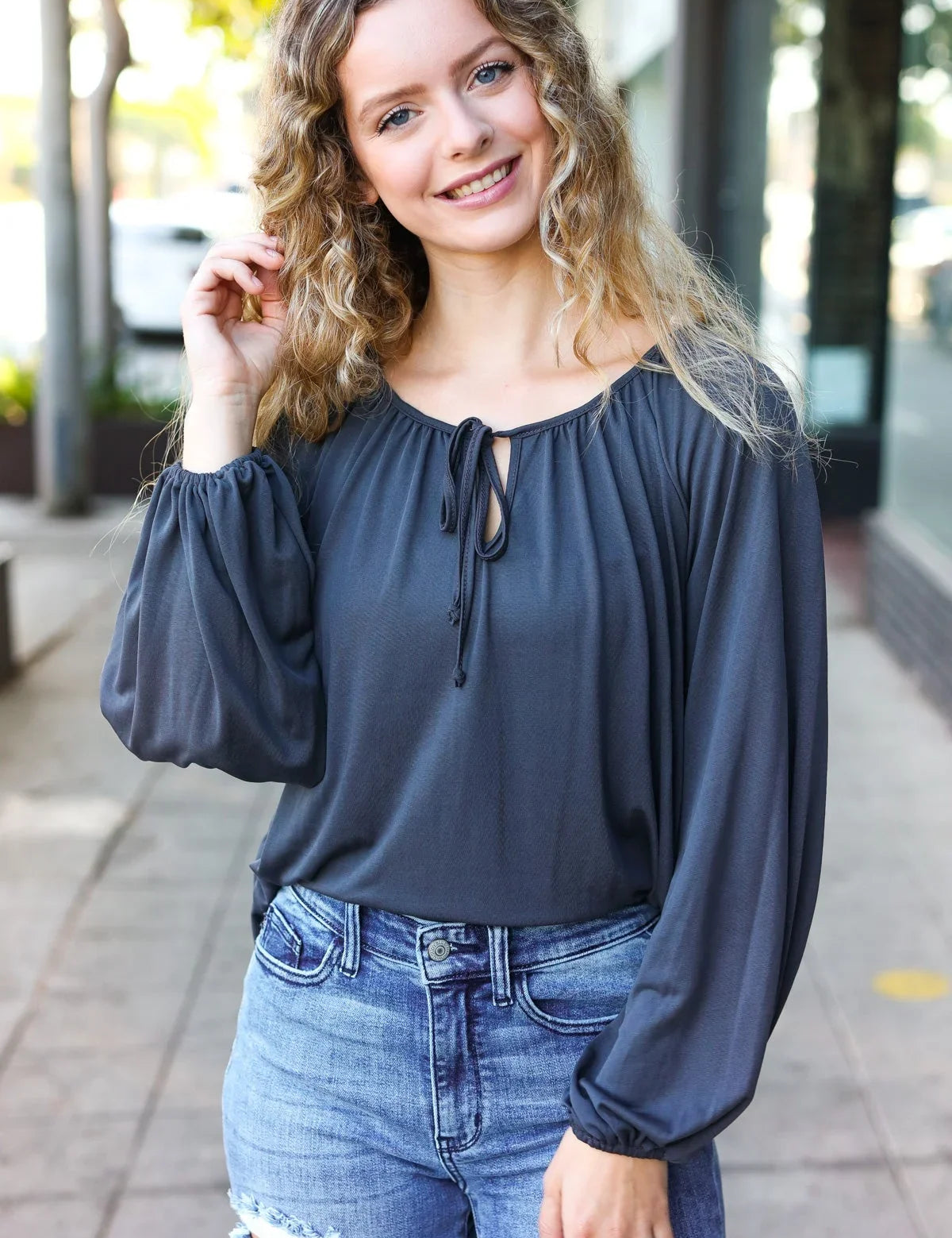 Versatile Charcoal Front Tie Modal Knit Peasant Top | Daverri Fashions